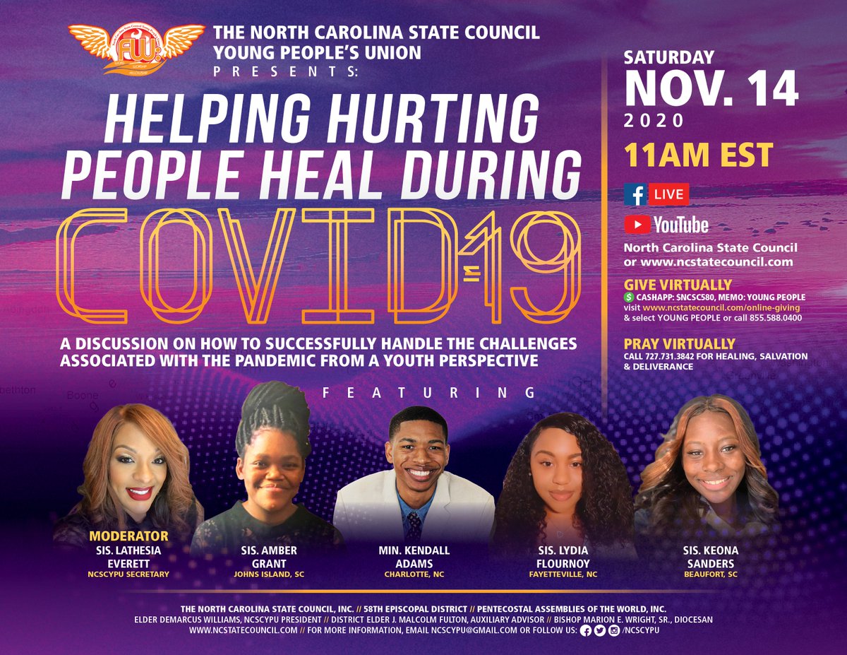 NCSCYPU's tweet photo. PRAISE THE LORD EVERYBODY!

This month is the virtual council for our Fall Session. Starting on November 12th &amp; ending on November 14th.

Tune in on Saturday Nov. 14 @ 11am EST to hear from a dynamic panel featuring our very own youth! #NCSCYPU #IPYPU #PAWInc https://t.co/Hd8ZDwaArT