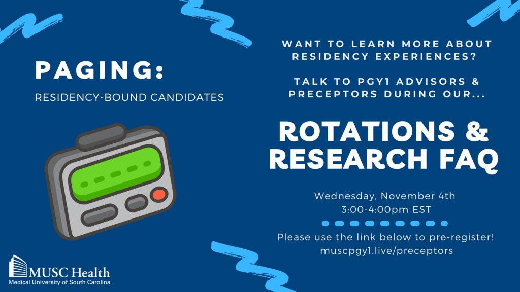 📢📢📢 ALL residency bound candidates. Tune in on Wed 11/4 from 3-4pm EST to meet our amazing preceptors/advisors and discuss various rotation and research topics! Pre-register: 
muscpgy1.live/preceptors