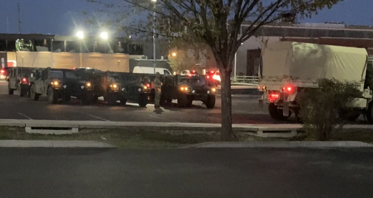 AmiPatelHop's tweet photo. Aiden and I went to do laundry as our washer is broken.  This was the parking lot.  This is the first time I didn’t have an answer to a question he asked: “mommy, why are there soo many soldiers?” Always honest with him, but in this moment, I am #speechless. 💔 https://t.co/vx7T2hrO9s