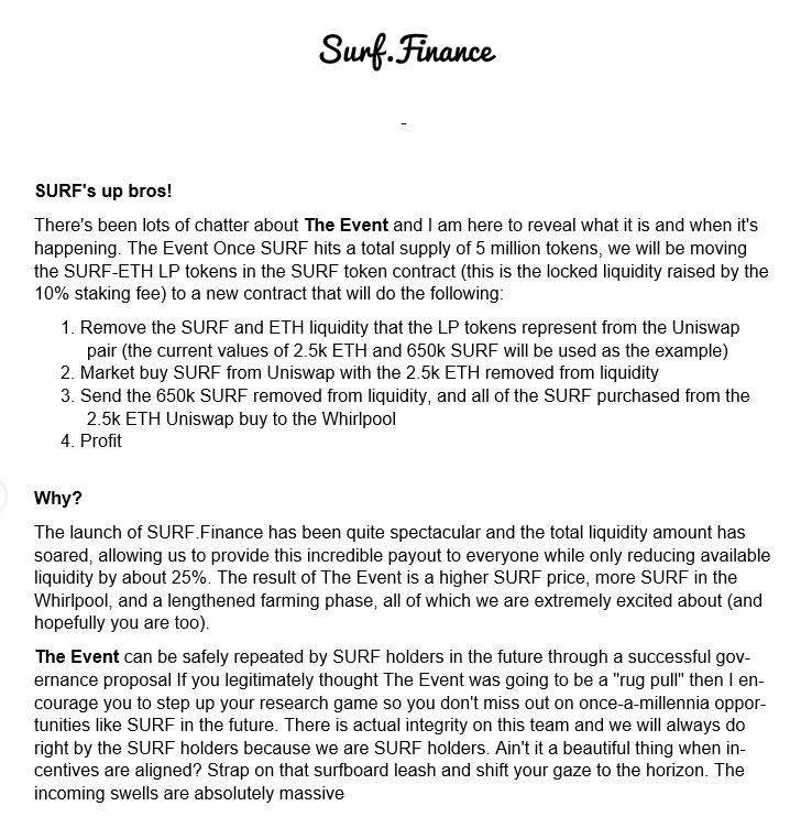 surf_finance's tweet photo. SURF's up bros! 🤙

There's been lots of chatter about "The Event" and I am here to reveal what it is and when it's happening.

$SURF, only at https://t.co/l4IuRsD0CO - #DeFi on #Ethereum https://t.co/pb4ckKCgE6