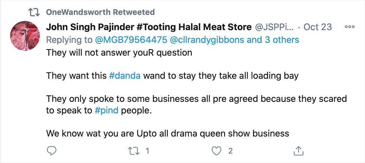 One of the accounts that  @owandsworth frequently retweets is that of  @JSPPind, who claims to be a halal butcher on Upper Tooting Road. But is this really the case? Let’s take a look. 1/8
