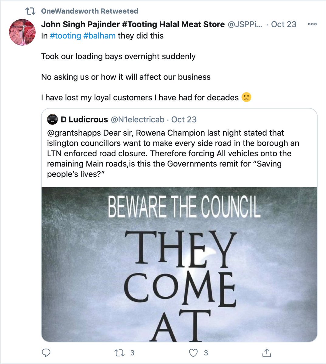 One of the accounts that  @owandsworth frequently retweets is that of  @JSPPind, who claims to be a halal butcher on Upper Tooting Road. But is this really the case? Let’s take a look. 1/8