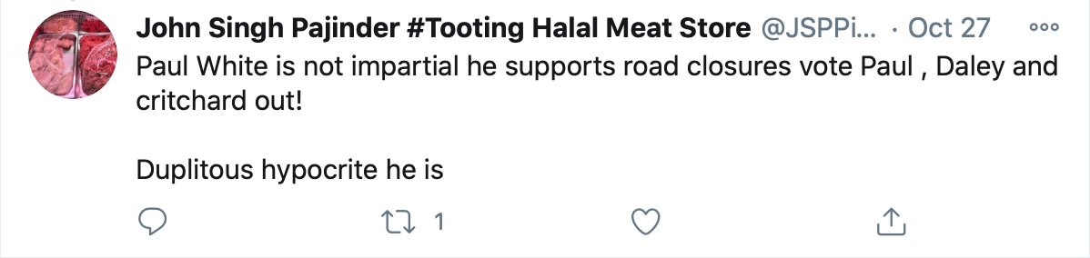 The account @JSPPind claims not to ’speak good English’ but their vocabulary contains ‘Gentrified NIMBYS’, ‘Duplitous hypocrite’, ‘drama queen’, and ‘cockwomble.’ 7/8