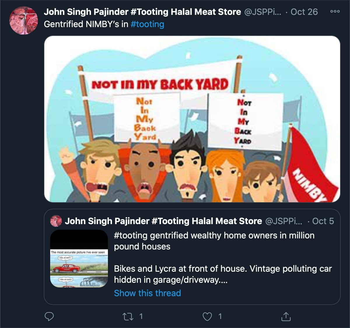 The account @JSPPind claims not to ’speak good English’ but their vocabulary contains ‘Gentrified NIMBYS’, ‘Duplitous hypocrite’, ‘drama queen’, and ‘cockwomble.’ 7/8