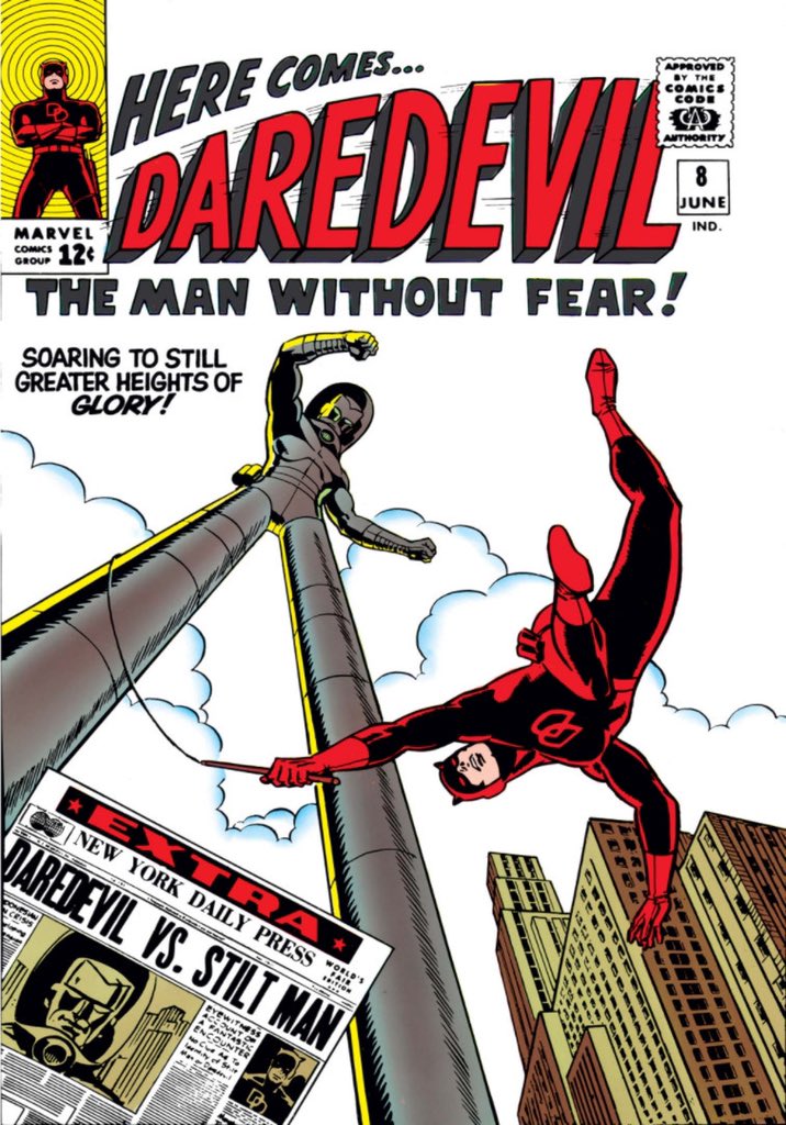 At the height of his fame, Wood quit MAD where he was making $200 a page (reportedly an industry high at the time) to work at Marvel for $45 a page. He started on Daredevil and immediately changed his yellow costume to red. His DD 7 and 8 are two of my all time favorite covers.