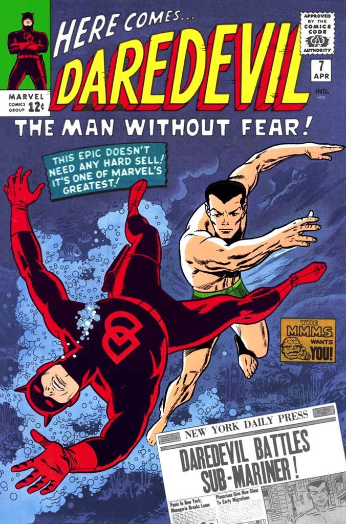 At the height of his fame, Wood quit MAD where he was making $200 a page (reportedly an industry high at the time) to work at Marvel for $45 a page. He started on Daredevil and immediately changed his yellow costume to red. His DD 7 and 8 are two of my all time favorite covers.