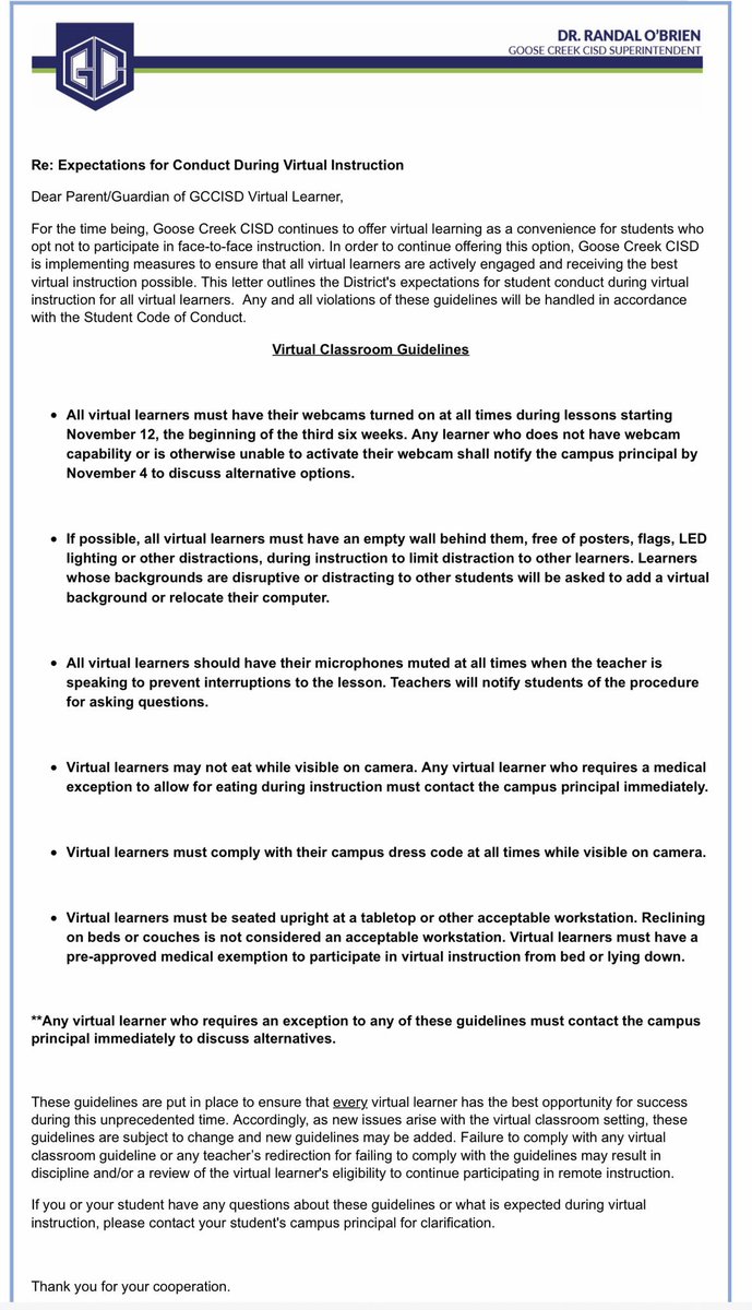 Ok Titans next week virtual learns will have to follow new district expectations.
