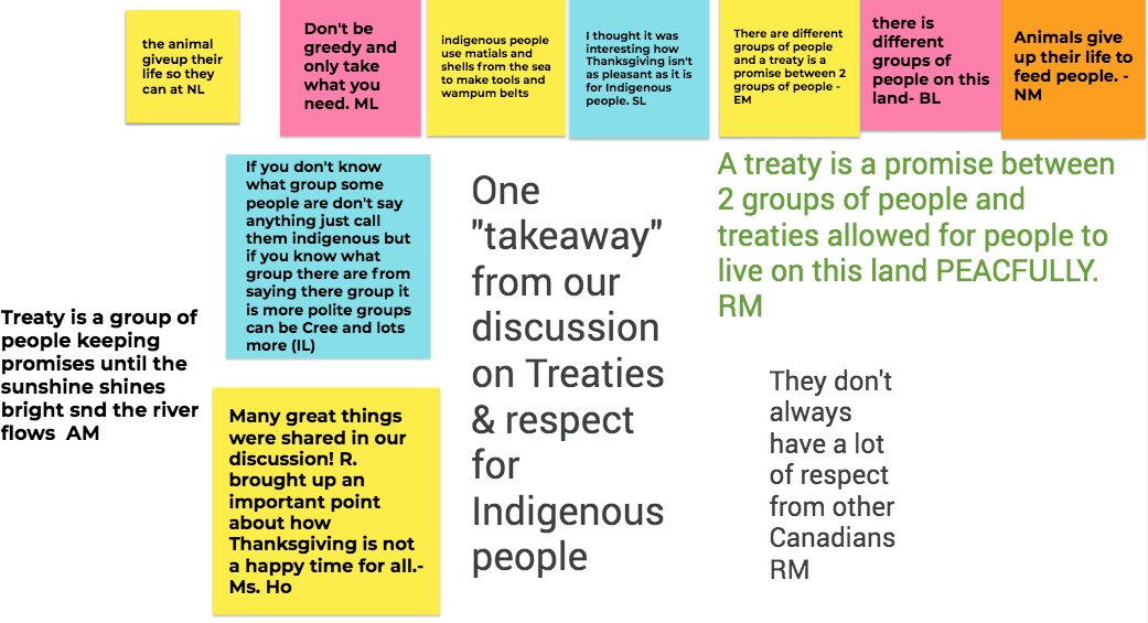 MsEvaTeaches's tweet photo. #TreatiesRecognitionWeek is Nov. 1-7. As a classroom community we hope to deepen our knowledge on the importance and meaning of treaties. Ss made text to self connections as they reflect on discussions and whether where they live is situated on treaty land. @EVS_YRDSB https://t.co/CaqpGXRLDC
