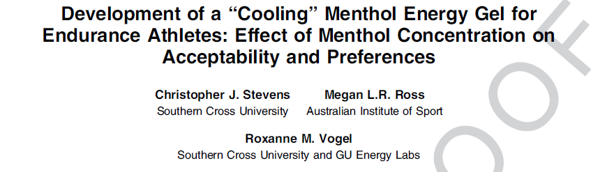 Chris_Stevens1's tweet photo. Accepted in @IJSNEMJournal 'Development of a "Cooling" Menthol Energy Gel for Athletes: Effect of Menthol Concentration on Acceptability and Preferences' with @megross and @roxy_vogel for @SCUonline @ResearchSCU @GUEnergyLabs @theAIS https://t.co/1eIEeeqEXu