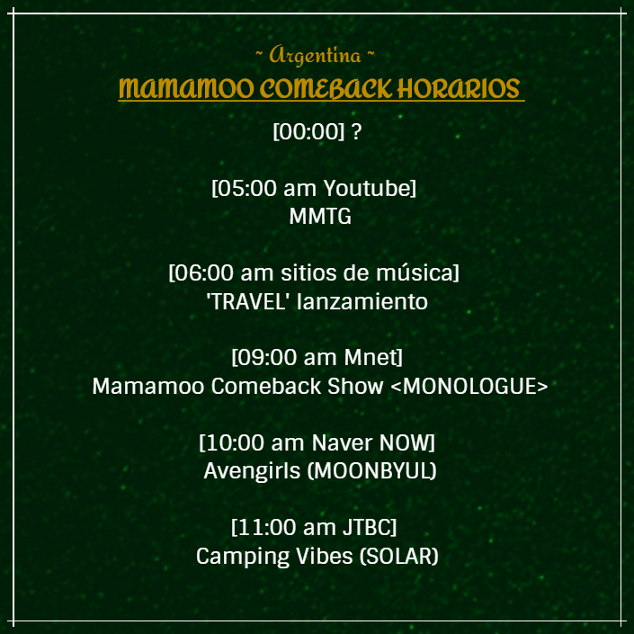 a_angeles_a's tweet photo. - HORARIOS MAMAMOO COMEBACK ARGENTINA -
Esta noche no se duerme!!!!
@RBW_MAMAMOO #MAMAMOOISCOMING #MAMAMOO #AYAisComing https://t.co/MocMHYRX4e