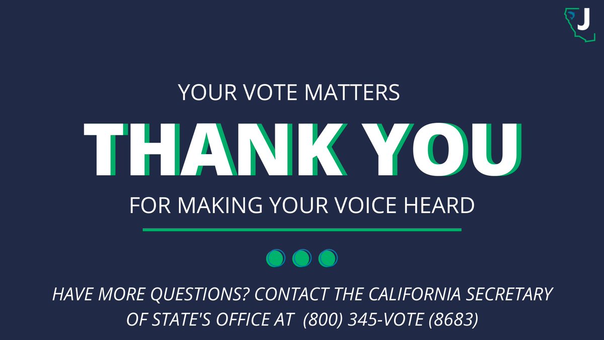 Worried about your mail-in ballot?If your ballot is postmarked by Nov. 3rd and arrives by Nov. 20th, it can be counted. You can track your ballot at  https://california.ballottrax.net/voter/&nbsp;. And remember, your voice matters. VOTE! [6/]