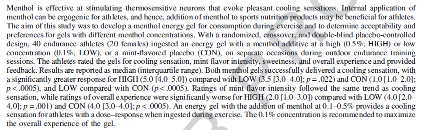 Chris_Stevens1's tweet photo. Accepted in @IJSNEMJournal 'Development of a "Cooling" Menthol Energy Gel for Athletes: Effect of Menthol Concentration on Acceptability and Preferences' with @megross and @roxy_vogel for @SCUonline @ResearchSCU @GUEnergyLabs @theAIS https://t.co/1eIEeeqEXu