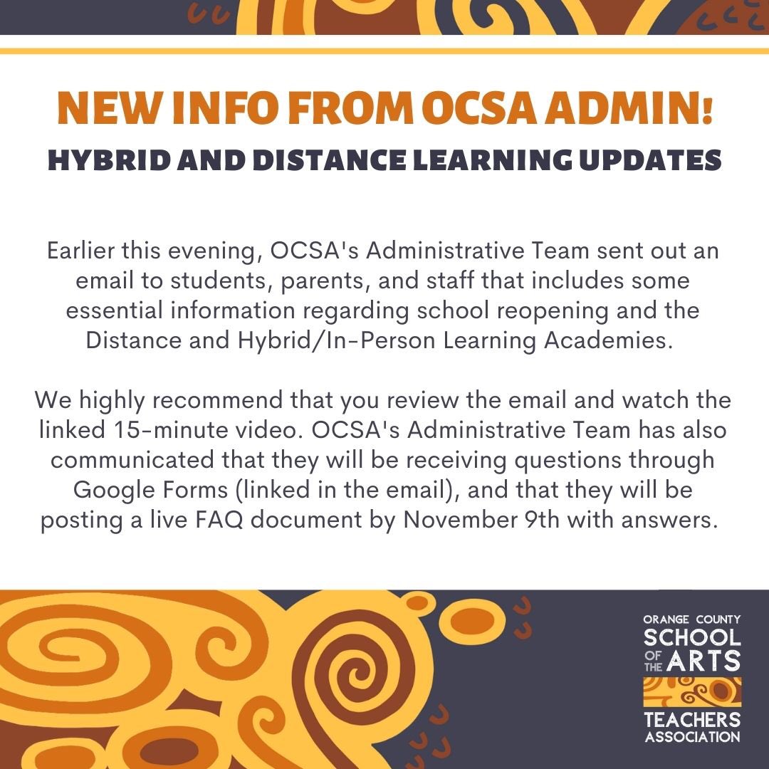 OfficialOCSATA's tweet photo. OCSA Administration just sent out an email this evening regarding the logistics of the two academies being offered second semester as well as the safety protocols in place for those who will be on campus. Please see the image for additional details. https://t.co/ttqm5XnhGU