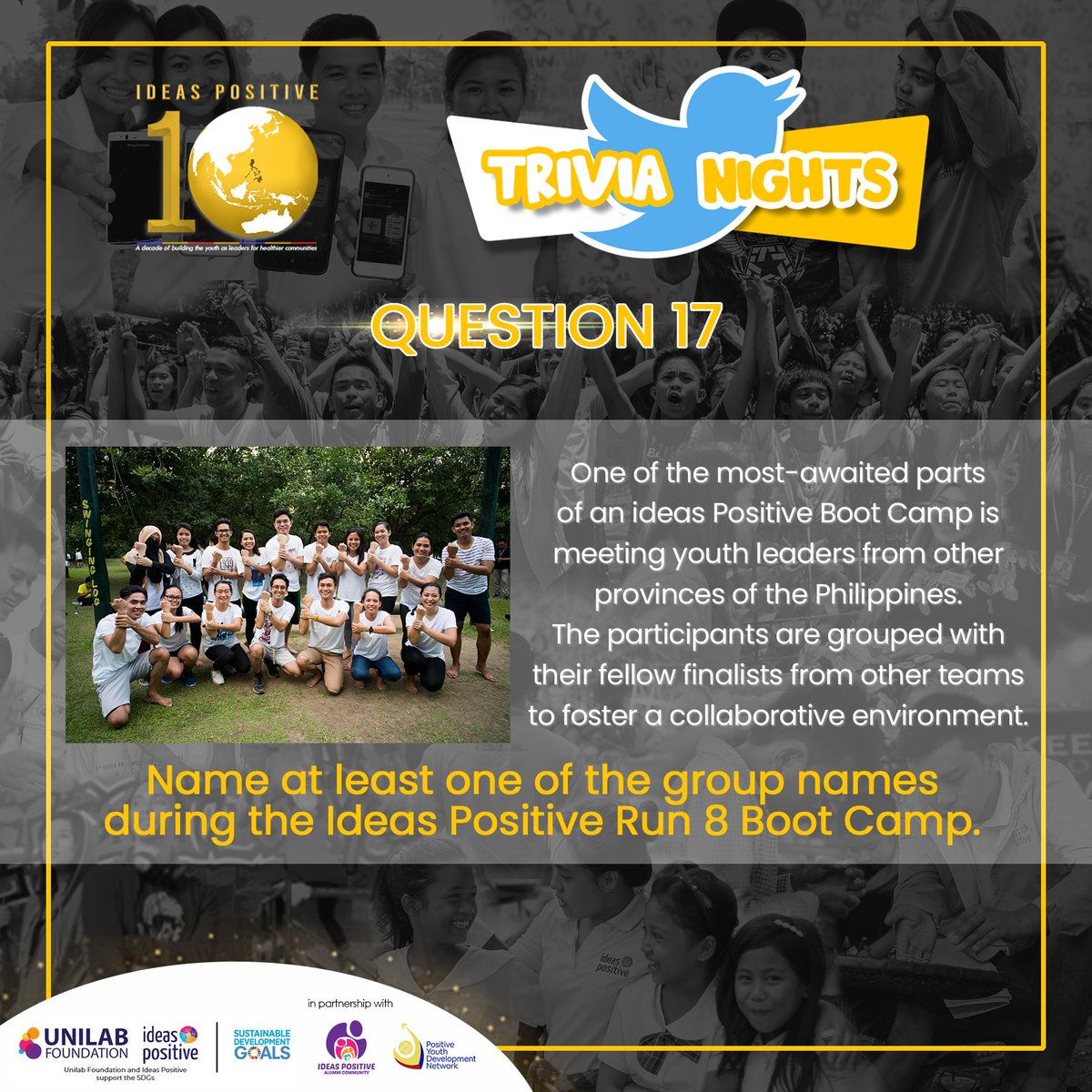 ideaspositive's tweet photo. It's time for #IPTriviaNights Question 17!

Do you know the answer? Retweet this with your answer now and get the chance to win tonight's prize.

#ADecadeOfIdeasPositive #healthierPH https://t.co/IwlCPG0dIm