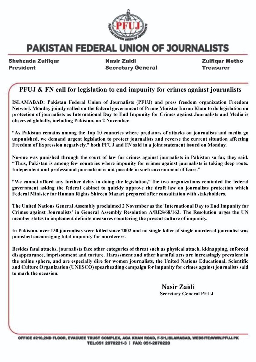 pressfreedompk's tweet photo. ⁦@pfujpakistan⁩ and ⁦@pressfreedompk⁩ call us n ⁦@ImranKhanPTI⁩ govt to do legislation that n protection of #journalists to #EndImpunity for crimes against journalists 
#EndImpunityDay #IDEI2020 https://t.co/b96j14qoXW