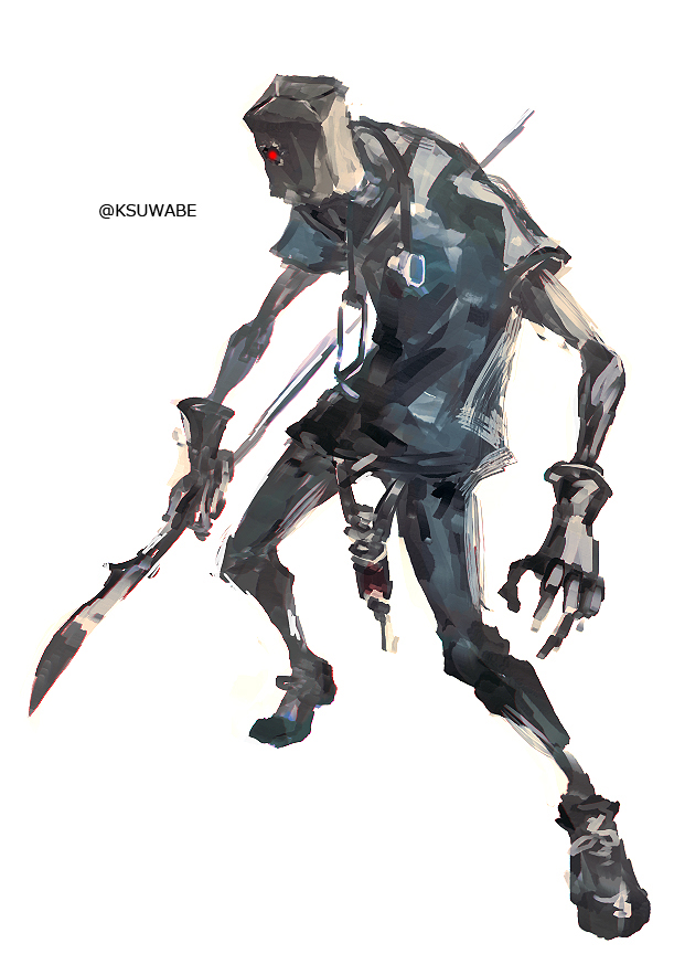 solo 1boy white background red eyes male focus humanoid robot weapon  illustration images