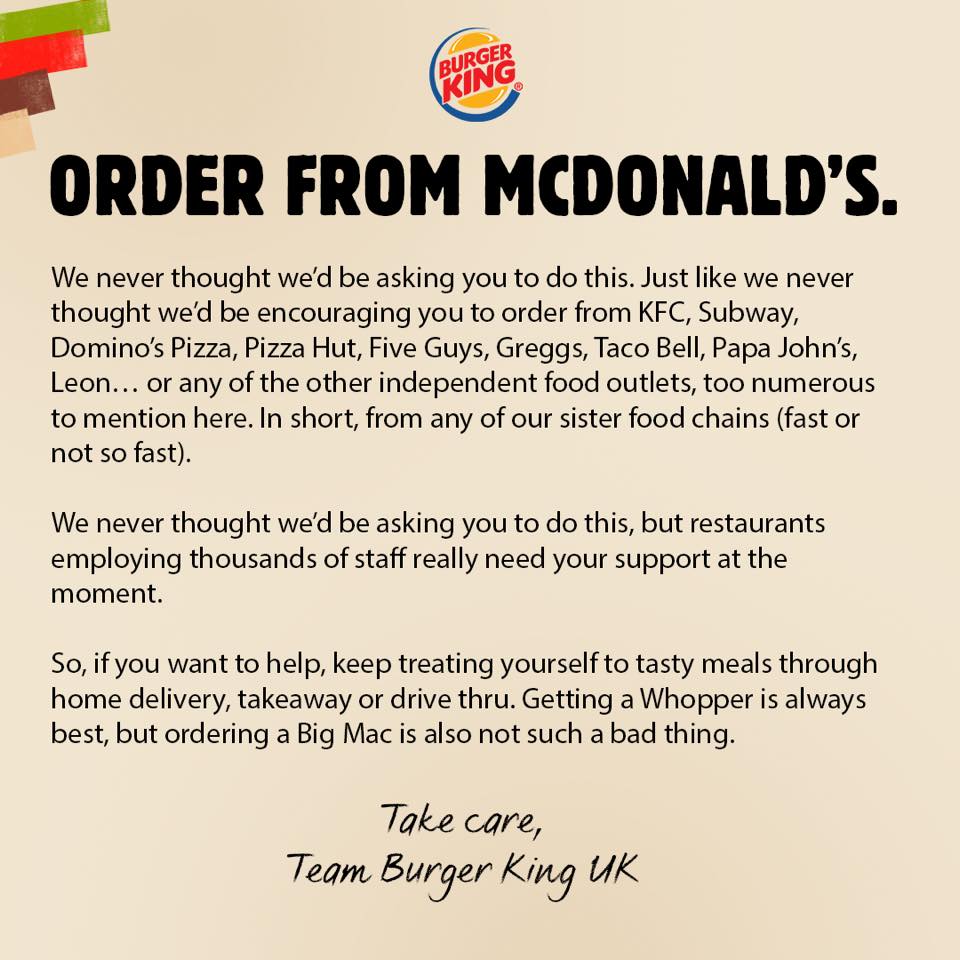 PhilstarNews's tweet image. BURGER KING DID THAT! 👏

LOOK: Burger King UK urged customers to order from McDonald's in support of the thousands of restaurant staff who are at risk of losing their jobs amid the COVID-19 pandemic.

📷 @BurgerKingUK