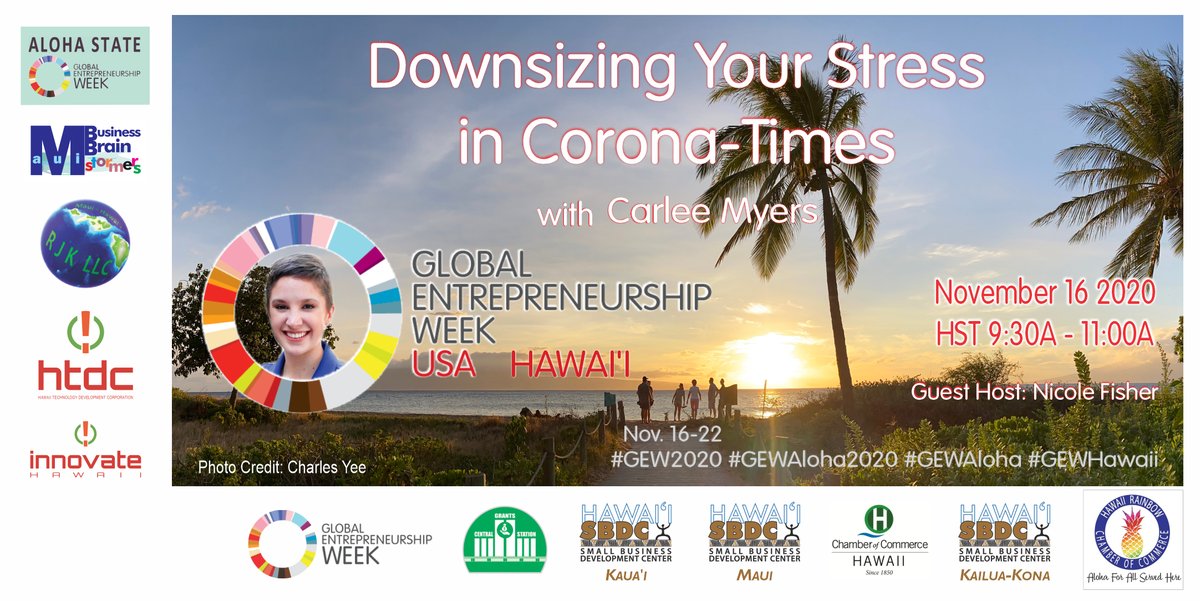 GEWAlohaState's tweet photo. You're invited to attend "Downsizing Your Stress in Corona-Times" on Nov 16 HST 9:30-11:00AM w/ guest presenter Carlee Myers. #GEWAloha2020 #GEW2020 Join us! https://t.co/bXtWJkRaxt
#Hawaii #Kauai #Honolulu #Maui #HawaiiState
#CarleeMyers #stressmanagement
#GEWAloha #GEWHawaii https://t.co/pzCuVg8JR0