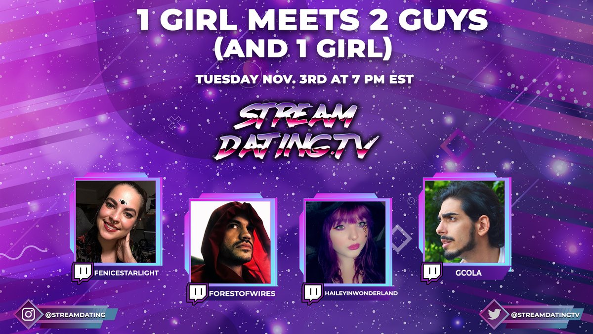 StreamDatingTV's tweet image. Fenice is going to meet 2 handsome bachelors and 1 lovely bachelorette for her birthday tomorrow, and hopefully find true love.

Tune in tomorrow, Tuesday Nov. 3rd at 7pm EST!

@FeniceStarlight @CarlDelinden @wonderlandhails @theGcola