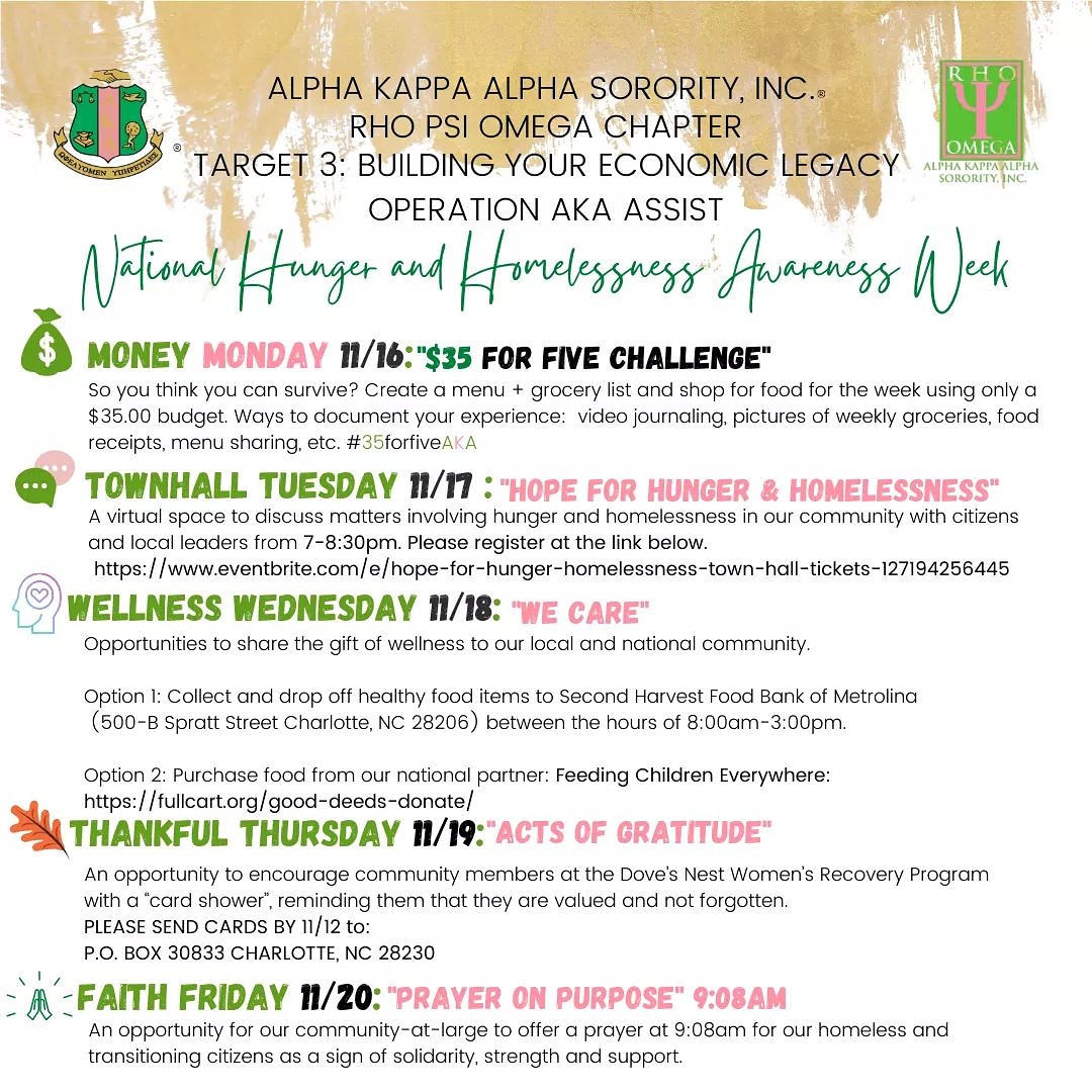 rhopsiomega's tweet photo. Target 3: Building Your Economic Legacy-Operation AKA Assist Presents:  National Hunger &amp; Homelessness Awareness Week 2020
11/16/2020-11/20/2020
@akasorority1908
@MidAtlanticAKA
#MidAtlanticAKA
#RPO
#AKA1908
#Target3 https://t.co/yiOhjVRmzn