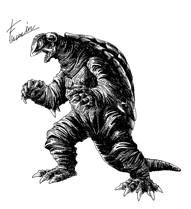 勢いでガメラも描きました。
ガメラはゴジラ公開の11年後
1965年11月27日に公開されました。
ゴジラ以降怪獣はたくさん創造されましたが
中でも看板背負ったまま立っている
数少ない怪獣です。
東宝作品以外では唯一と言っても
過言ではないと思います。
ちなみに私が怪獣映画にハマったきっかけです。