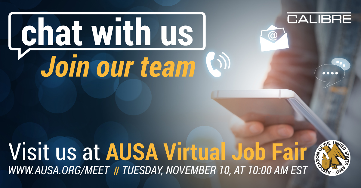 CALIBRE_Systems's tweet photo. Connect with CALIBRE at the AUSA virtual conference!
Registration is FREE! Learn more at https://t.co/fLsbz1aluu
#AUSA #ARMY #CALIBREsys https://t.co/jU9tDAi086