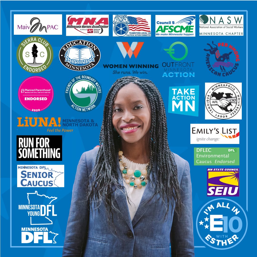 go4esther's tweet photo. Iโm grateful to this incredible roster of organizations for supporting my campaign. Our shared beliefs make us stronger in fighting the good fight!
#Vote4Esther #TeamEsther #vote #vote2020 #endorsed #MNVotes #MPLS #SheRunsWeWin #BuildBackBetter #GOTV https://t.co/LHaKYXk1DK