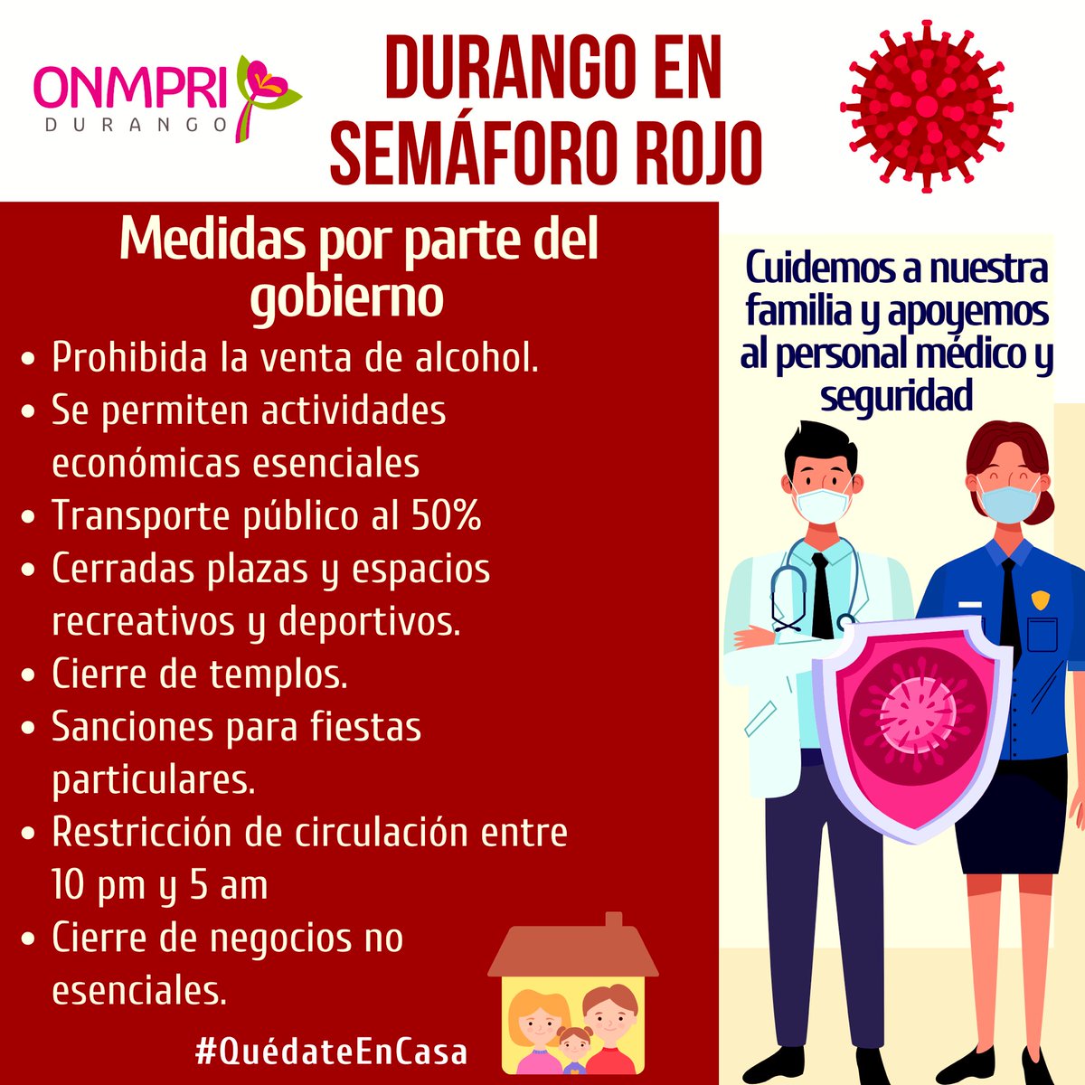 JuntasXDurango's tweet photo. Durango presenta alza en casos de #COVID19, saturación en hospitales y fallecimientos, por lo que el gobierno decreta #SemáforoRojo

Te compartimos las medidas que se aplicarán a partir del 3 de nov.

No bajemos la guardia, cuidemos a nuestros seres queridos

#QuédateEnCasa https://t.co/3CXPQ571GX