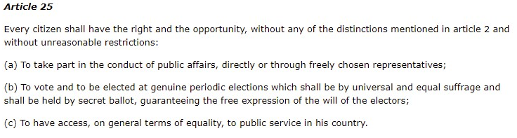 Voting in free, fair, and meaningful elections is a human right. The United States has ratified the International Covenant on Civil and Political Rights (ICCPR). Here’s the text of Article 25 of that document. (1/8)