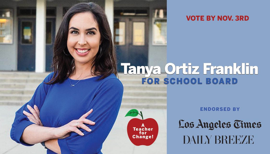 EmmaBartholom13's tweet photo. Tanya Ortiz Franklin es la única maestra en esta elección para la junta escolar del LAUSD por el #BD7. Ha dedicado su carrera a ayudar a los niños más necesitados  y luchará por la igualdad racial y educativa ¡Vota por @TanyaForLAUSD este 3 de noviembre! #OurSchoolsOurVote https://t.co/m0abT74rJk