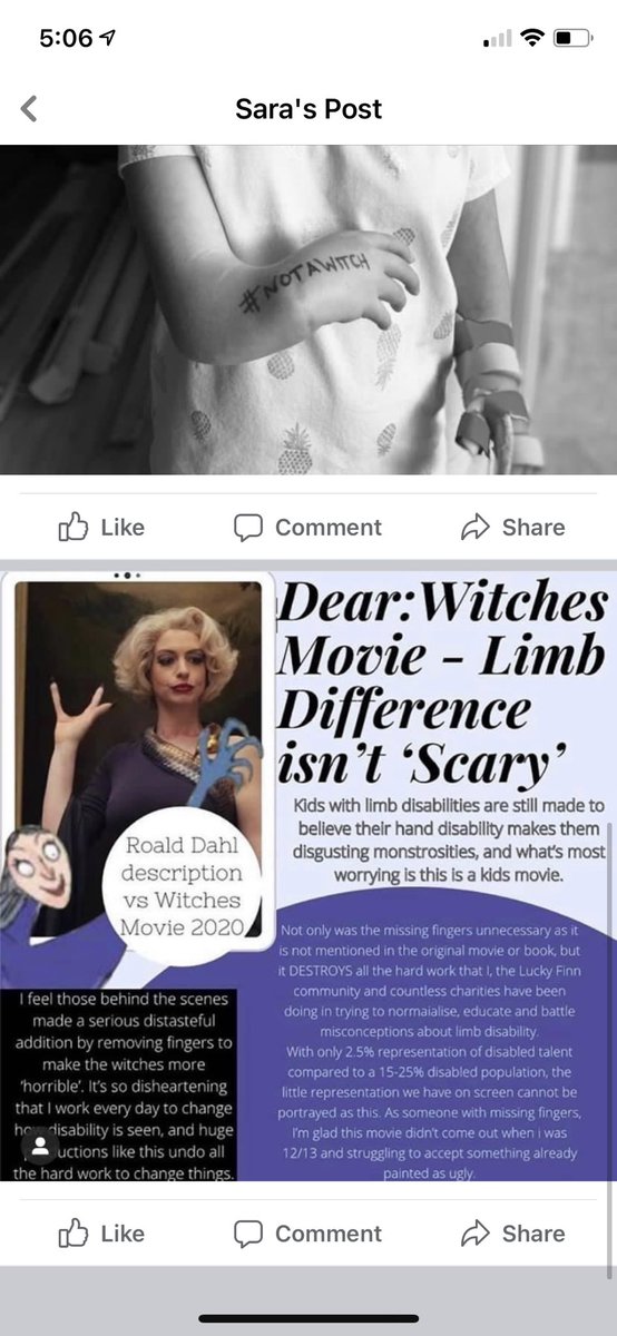 Statement condemning the Witches film's choice to depict Anne Hathaway's character with a limb difference - signifying that she is an evil monster.