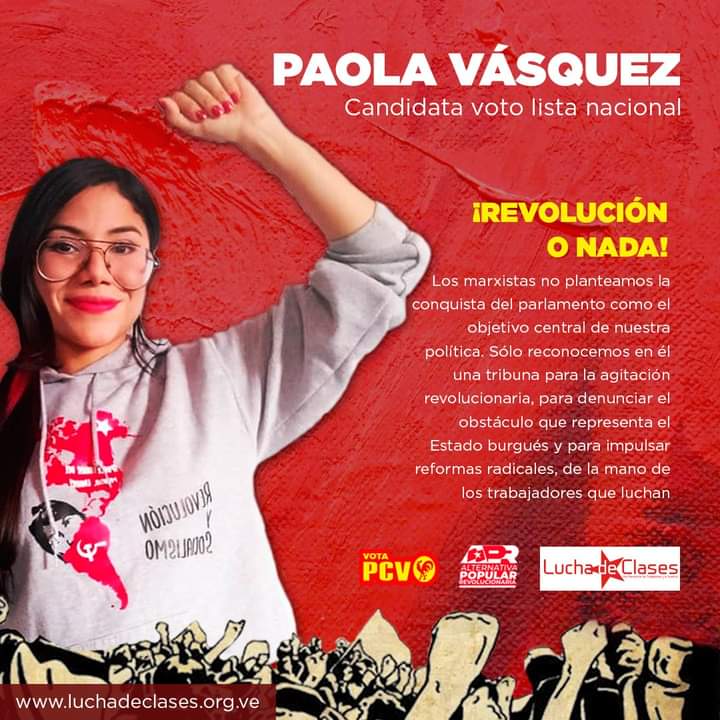 gestrano's tweet photo. Levantemos las banderas del socialismo. Revolución o nada! Paola Vasquez, joven crítica y comprometida candidata AN voto lista nacional por PCV Gallo Rojo #APR .@PaolaKatari .@Ldc_Cmi_Vzla #LuchaDeClases https://t.co/dBjLS7nxfH