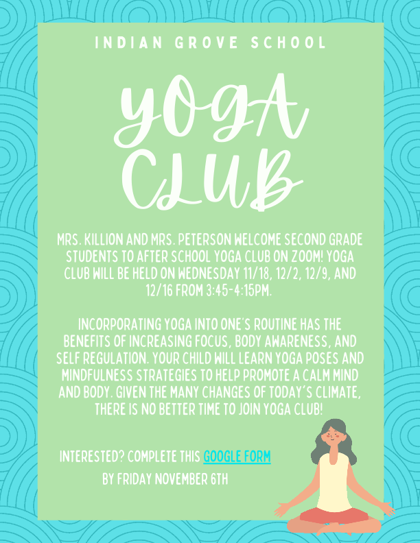 There's still time to sign up for 2nd grade Yoga Club being held on Zoom!  See the attached flyer for details!  Sign up before Friday, Nov. 6 with this google form: #iginspires  docs.google.com/forms/d/1m7dBP…