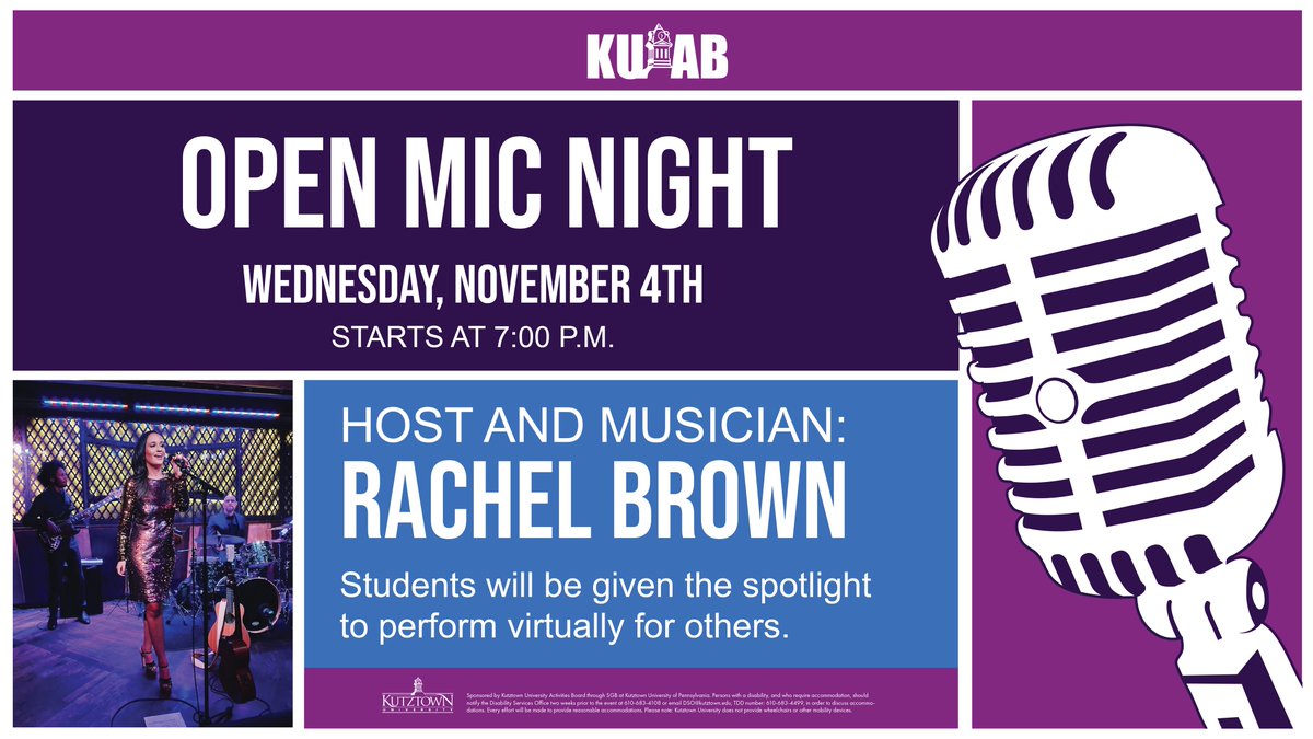 _KUAB's tweet photo. Come on out for our Virtual Open Mic Night, hosted by Rachel Brown! Wednesday, November 4th from 7:00PM-9:00PM, Live on Zoom! Please email casselli@kutztown.edu if you wish to perform!  🎤 ✨
Engage link: https://t.co/tPXRDL0f7N https://t.co/MyIGI4qiw5