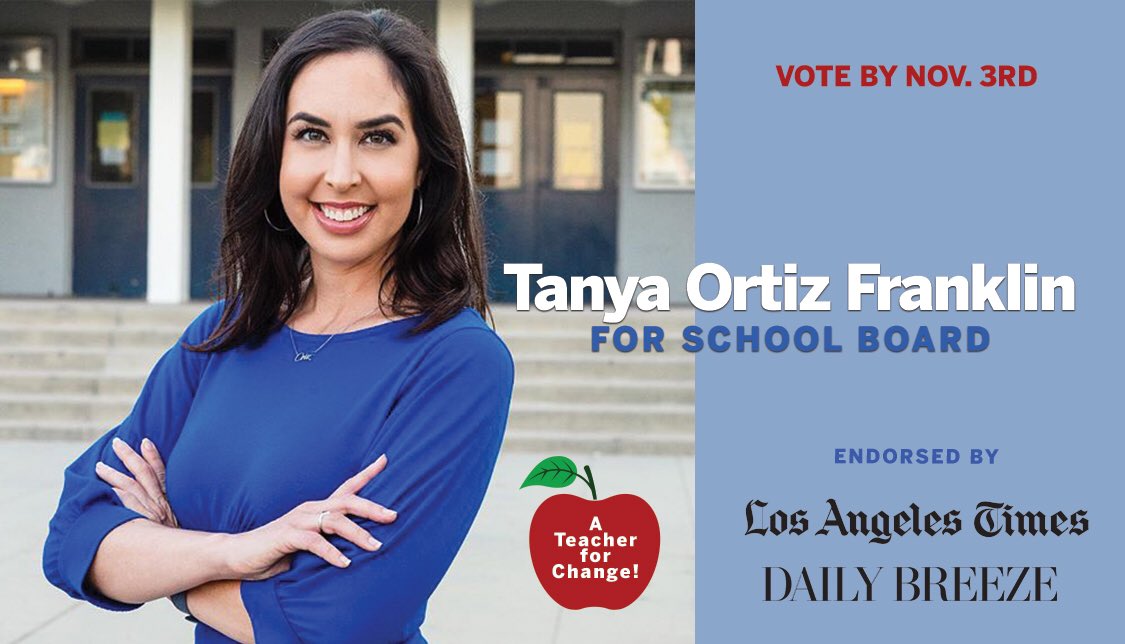 sharnellblevins's tweet photo. Tanya Ortiz Franklin is the only teacher in the race for school board in District 7. She has devoted her career to helping L.A.’s highest-needs kids, and she’ll fight for racial &amp; educational equity from Watts to San Pedro. Vote @TanyaForLAUSD Nov. 3! #OurSchoolsOurVote https://t.co/KUJR0AHoYm