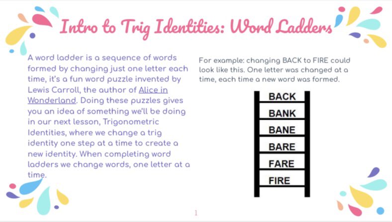 Mrs_Saldiveri's tweet photo. A coworker told me she used to introduce trig identities with word ladders so I thought I would give it a shot! (I take no credit for these found them all on google) @EFeagles 

Slide template from @SlidesCarnival https://t.co/u5ORBz9ohE