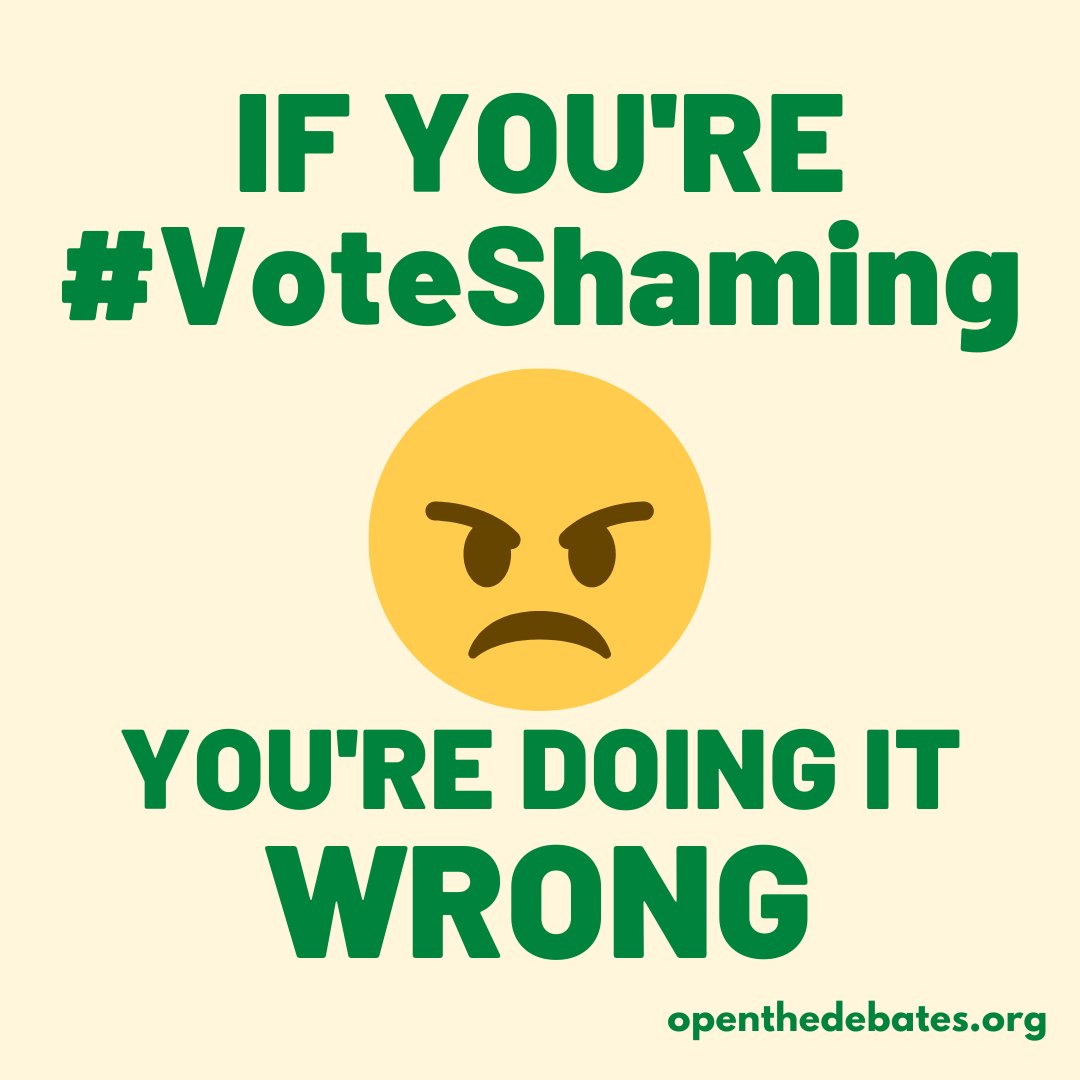 OpenTheDebates's tweet photo. @SparkyCCline @TulsiGabbard @ericweinstein @kenbone18 @BretWeinstein @naval @justinamash @votepact Vote your conscience, indeed.
And try to respect other people's decisions about how best to direct their votes.
If you're #VoteShaming, you're doing it wrong.
#DropTheDuopoly https://t.co/rBk014LbbA