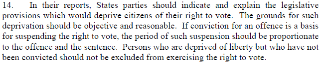 “If conviction for an offense is a basis for suspending the right to vote, the period of such suspension should be proportionate to the offence and the sentence.” (6/8)