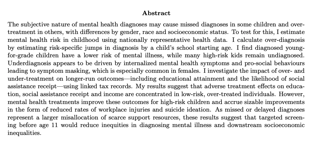 Jill FurzerJMP: "Diagnostic errors in child mental health: Assessing treatment selection and its long-term consequences"Website:  https://sites.google.com/view/jillfurzer/home