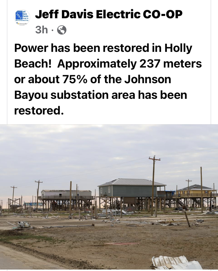 Jeff Davis Electric and visiting crews have done an AMAZING job!  They had to rebuild all the transmission/distribution lines to restore power to Holly Beach!  This area was devastated by Hurricanes Laura and Delta but the cooperative spirit is alive and well! #poweron #alwayson