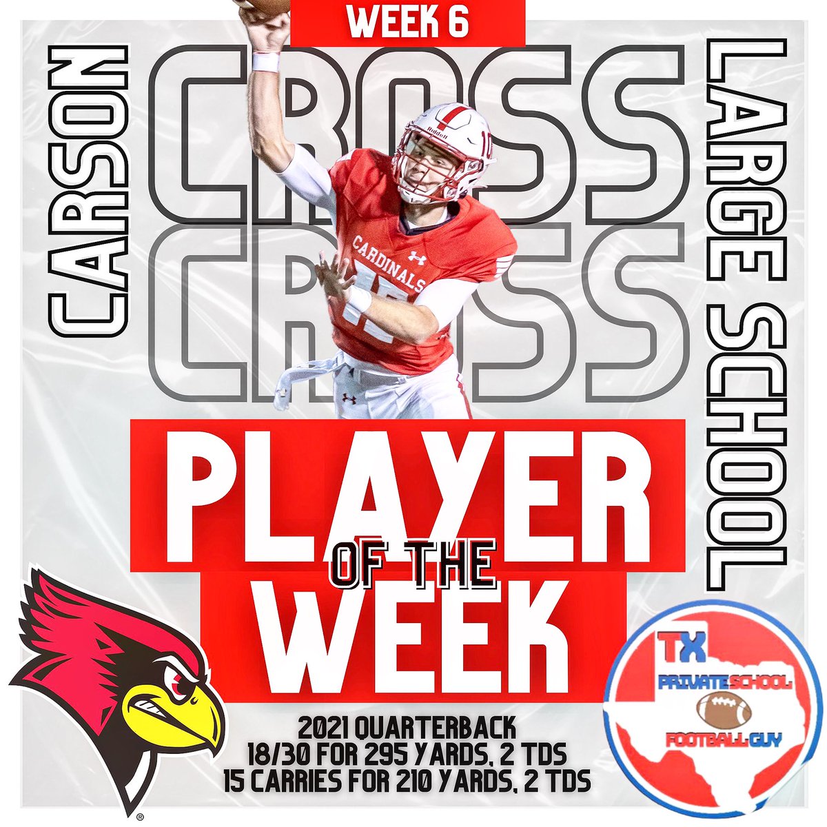 TXPrivateFBGuy's tweet image. Week 6!

🚨 TXPRIVATESCHOOLFBGUY Large School Player of the Week! 🚨 

Carson Cross
2021 QB
Fort Worth Christian

@carsonjcross 
@coach_hudgins 
@FWC_CardinalFB
