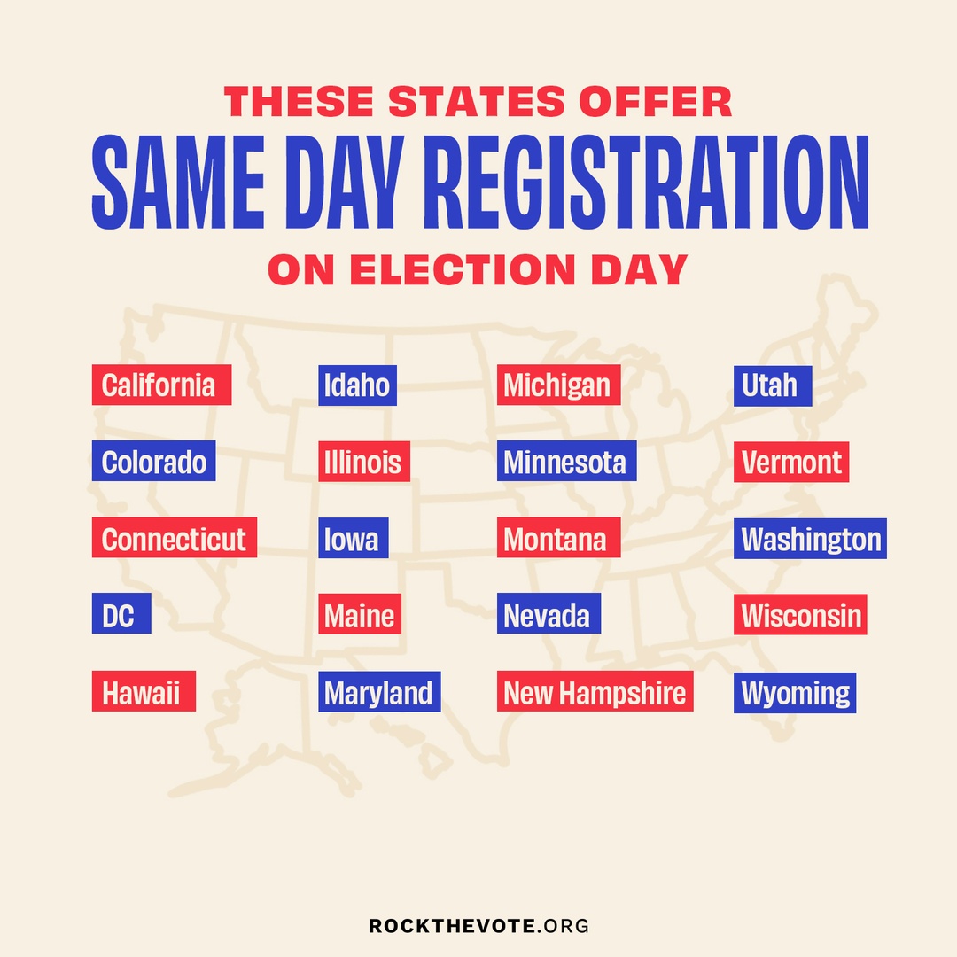 RockTheVote's tweet photo. 👀 IMPORTANT: 
These states offer SAME 👏🏽 DAY 👏🏽 VOTER 👏🏽 REGISTRATION

Share this with folks eligible to vote, and tell them to hurry up and VOTE because there is no time to waste! 🗳️🏃 

Find more info for how to vote in your state: https://t.co/DSm2UF7x9m https://t.co/NqK5y3Itdm