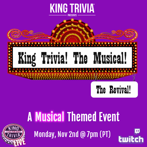 KingTrivia's tweet photo. 🎵Tonight, tonight, won't be just any night! 
 
1 hour until curtain call! 

Answer submission: https://t.co/Q0GJVdx0sD
#musicals #musicaltheater #trivia #broadway #musicaltrivia https://t.co/hTS3HoQ1cM