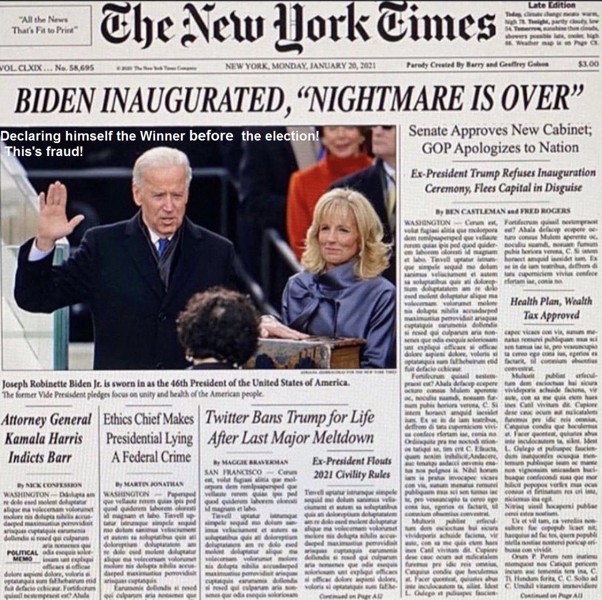 EconomyUS's tweet photo. @vrpancho @kamikazewtrmeln @EricTrump But #JoeBiden's already declared himself the winner in the #NYTimes on t/front page BEFORE t/election. This is FRAUD. 
You know we’ll have a contested election. #CNN &amp; others  already have the LAWYERS set to ambush @Potus tomorrow Biden’s rallies are totally empty opposite of DJT https://t.co/uzu5XTawIE