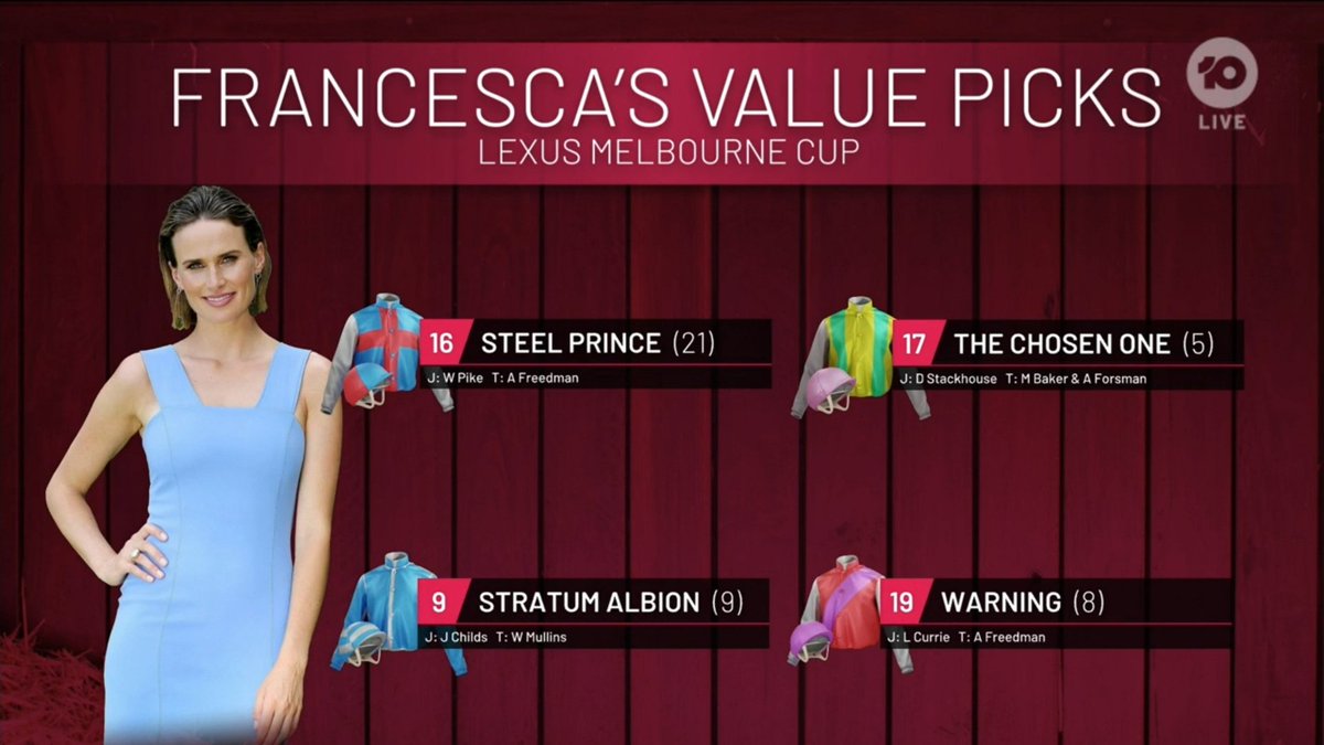 Here's a look at <a href="/francescacumani/">Francesca Cumani</a>'s value tips for the #MelbourneCup