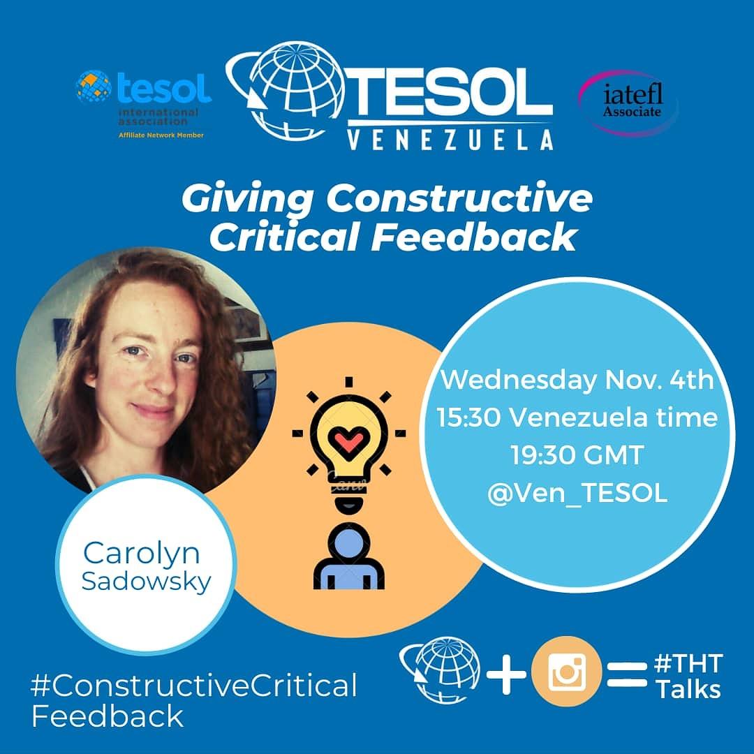 VenTESOL's tweet photo. VenTESOL goes live with professor Carolyn Sadowsky to talk about ways to give constructive critical feedback #ConstructiveCriticalFeedback
#THTTalks
#VenTESOLRocks
#TESOL https://t.co/o8iYXJ2PJY