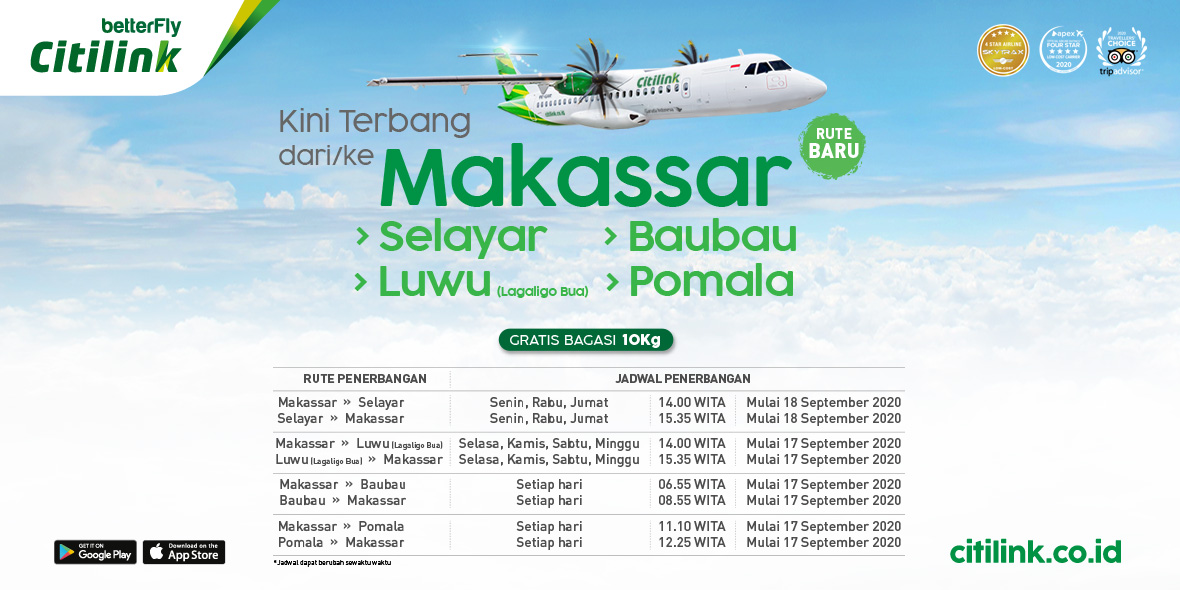 Citilink's tweet photo. Citilink merambah ke Timur Indonesia.
Menjangkau lebih banyak destinasi dari/ke Makassar ke Selayar, Luwu, Baubau dan Pomala.
 
Informasi lebih lanjut di https://t.co/YsMuwqGTHG

#BetterFlyCitilink https://t.co/fYdsmT9Lj3