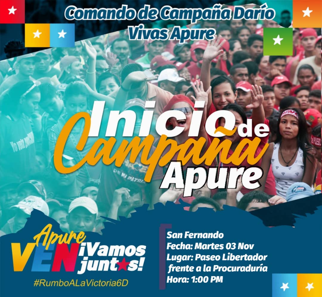 PSUVEnApure's tweet photo. 📍#PSUVApure:
.
Este #03Nov Vamos todos con Alegría y Patriotismo al Gran Inicio de Campaña, rumbo a la #VictoriaPerfecta6D.
.
#FlexibilizacionSeguraYVigilada con todas las medidas de Bioseguridad 😷
.
@NicolasMaduro
@dcabellor
@taniapsuv
@RCarrizalezPSUV https://t.co/1tZUOYsdAN