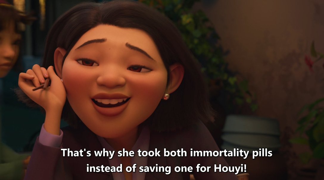 here they're acknowledging the many different versions of Chang'e's story. Some say she was selfish and just couldn't wait for Houyi to come back before taking the pills, others say she was forced to take both so Houyi's jealous apprentice wouldn't get them