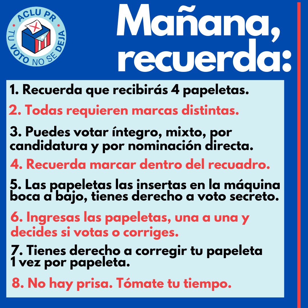 📝Lista importante. 

🗳Mañana cuando vayas a las urnas; asegúrate completar cada punto. 

#TuVotoNoSeDeja

<a href="/ACLUPR/">ACLU Puerto Rico</a>